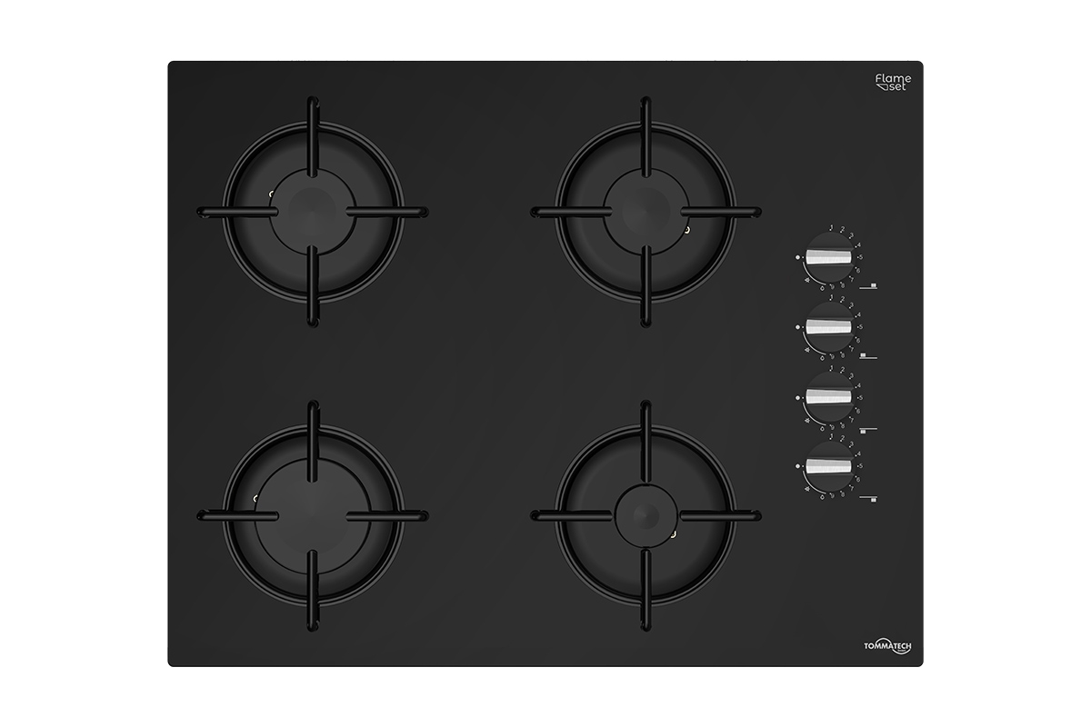 TommaTech TAO6001BG Eingebauter Gashald 65 Cm Schwarzes Glas