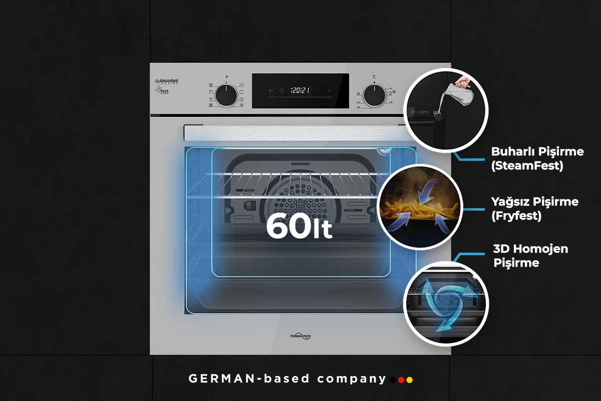 TommaTech TAF6005SS Einbaubackofen 60 Cm Graues Glas