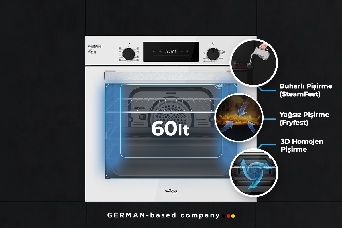 TommaTech TAF6005WS Einbaubackofen 60 Cm Weißes Glas