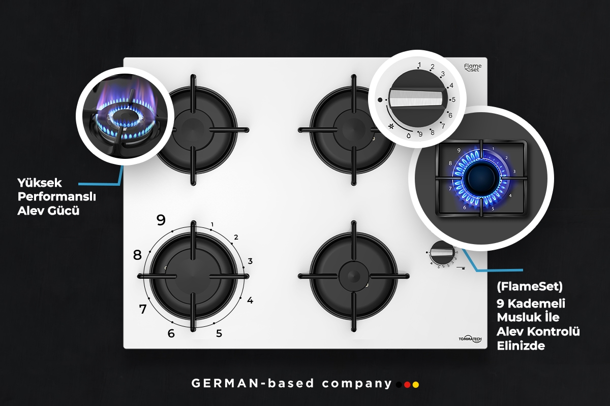 TommaTech TAO6001WG Eingebauter Gashald 65 Cm Weißes Glas