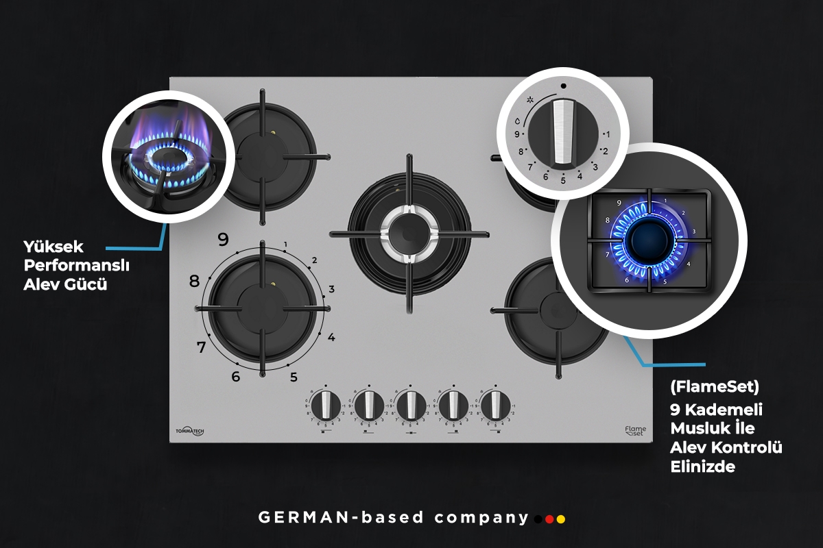 TommaTech TAO7001SG Built-in Gas Hob 70 cm Grey Glass