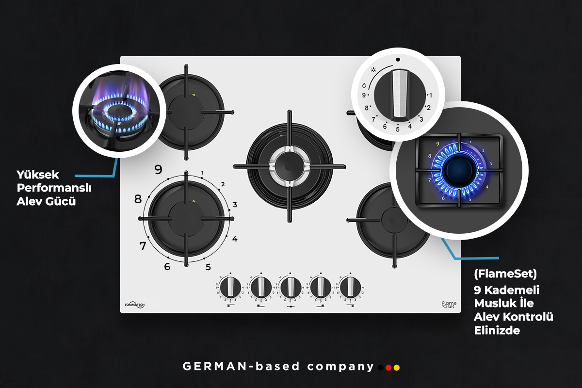 TommaTech TAO7001WG Built-in Gas Hob 70 cm White Glass