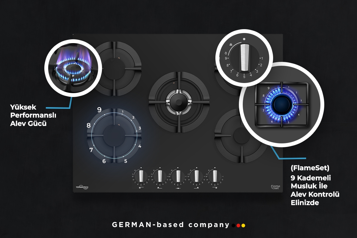 TommaTech TAO7002BG Eingebauter Gashald 70 Cm Schwarzes Glas