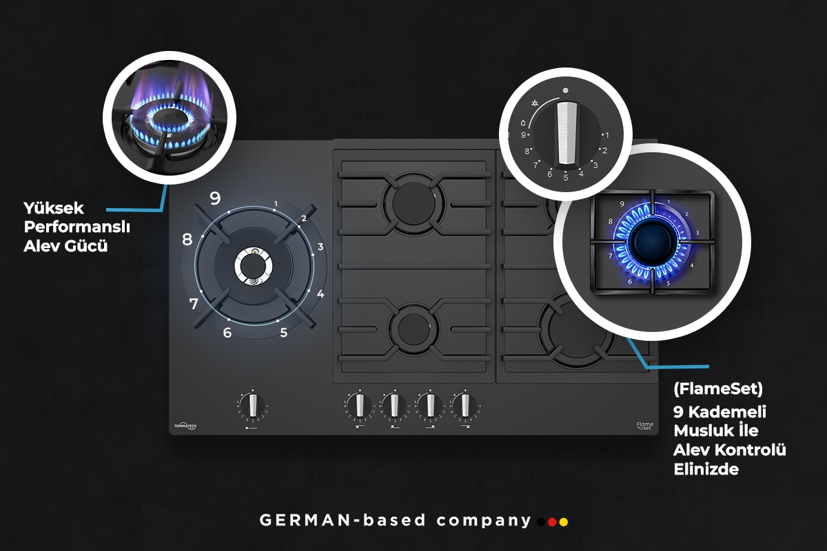 TommaTech TAO9001BG Einbau Gaskochfeld 90 Cm Schwarzes Glas