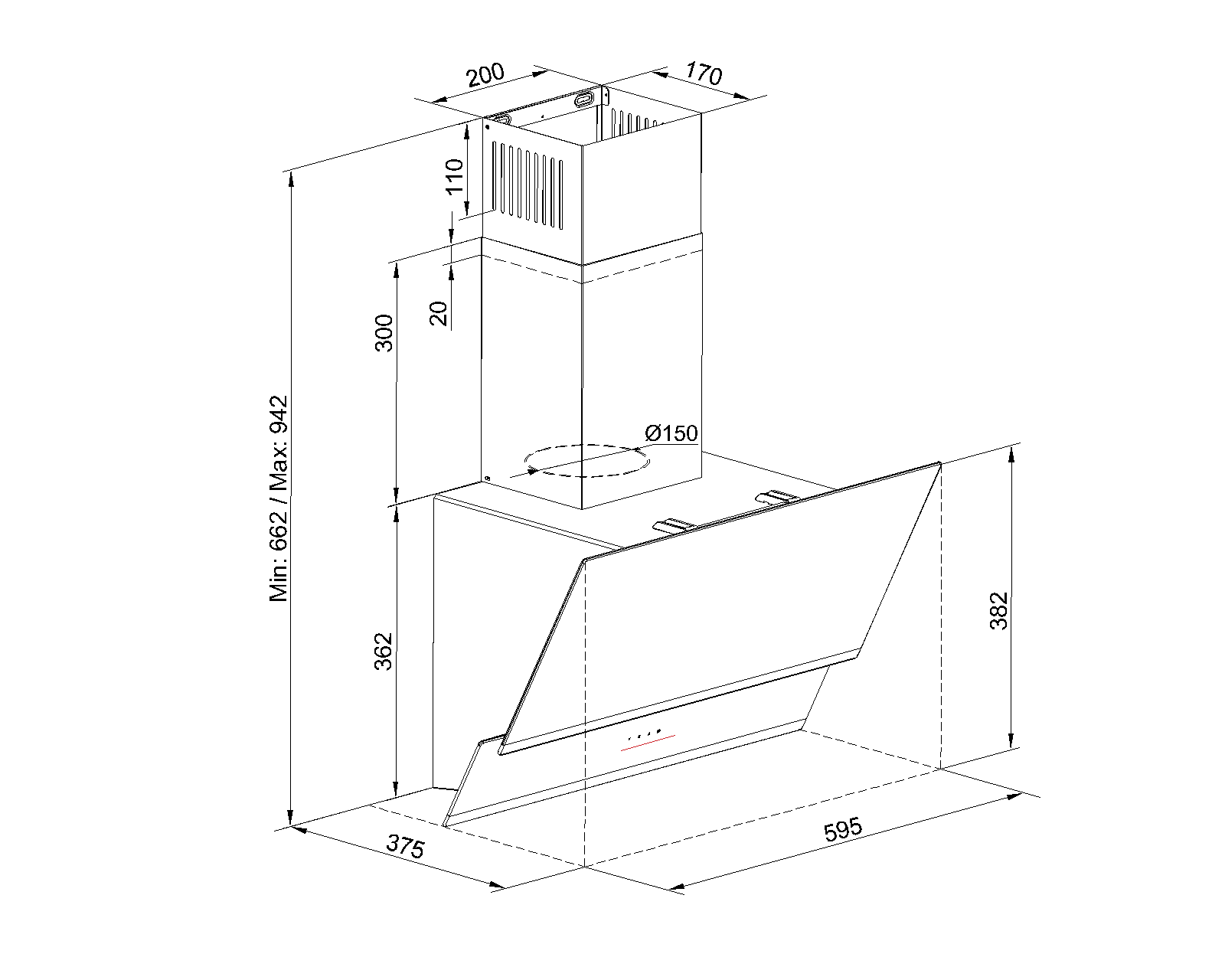 TommaTech TDE6001BG Schräger Dunstabzug 60 Cm Schwarzes Glas