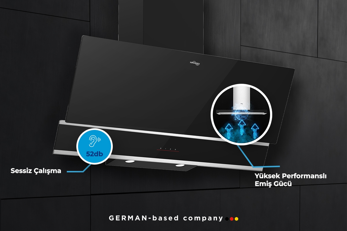 TommaTech TDE9001BG Schräger Dunstabzug 90 Cm Schwarzes Glas