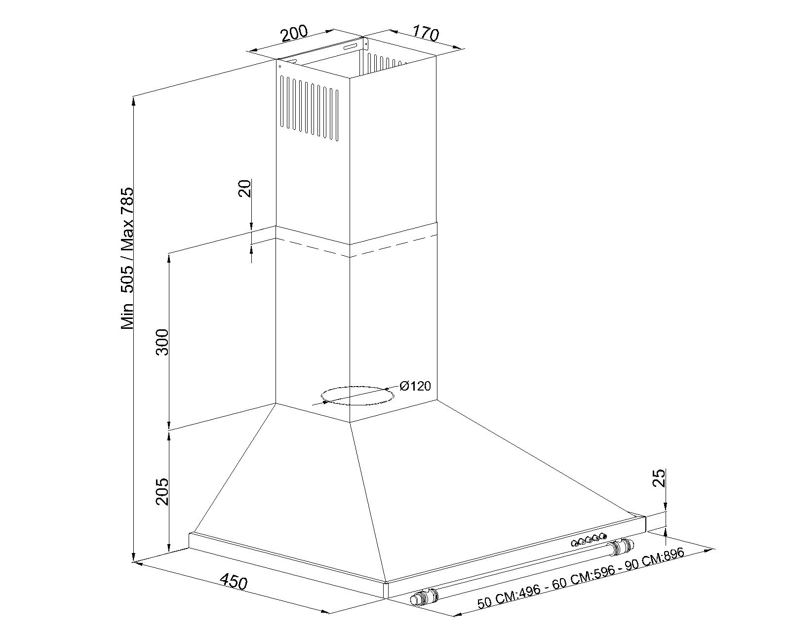 TommaTech TDP6001BM Pyramiden-Dunstabzug 60 Cm Schwarzes Metall